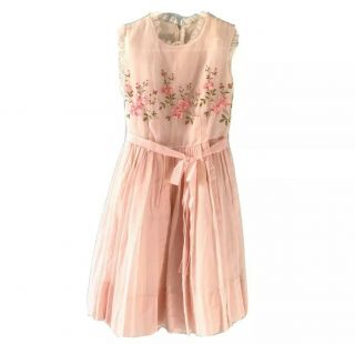 Vintage Girls Pink Embroidered Floral Party Dress Tulle Size 12 Midi Lace Trim