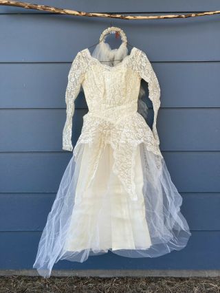 Vtg 50s Wedding Dress Arden Campus Bridals Ivory Satin Lace Gown Xs