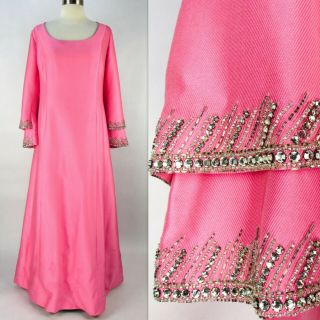 Vintage 60s Chas A.  Stevens Pink Maxi Hostess Dress Xl Rhinestone Bell Sleeve