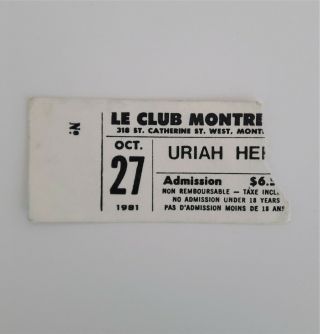 Uriah Heep Concert Ticket Stub 10/27/1981 Club Montreal Canada