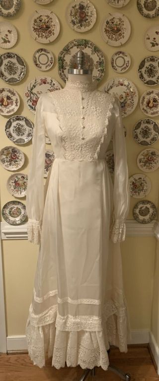 Vintage 70s Gunne Sax Style Ivory Lace Dress Gown Xs S Boho Wedding Prom
