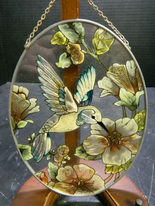 Vintage Hand Painted Oval Hummingbird Stained Glass Suncatcher W/ Chain Excellen