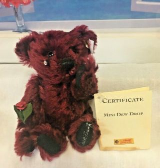 Steiff Mini Dew Drop Rose Teddy Bear Signed Mohair 6 " Certificate Tag Attached