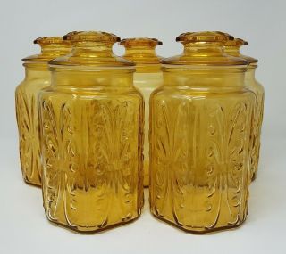 Vintage Imperial Atterbury Scroll Honey Amber 9 " Glass Canister Apothecary Jar