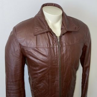 Vtg 60s 70s Sears Leather Jacket Brown Fur Lined Coat Disco Motorcycle Mens 40 R