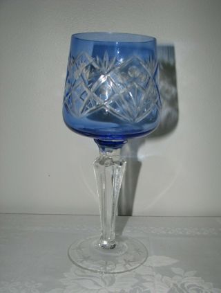 One Vintage Blue Cut To Clear Crystal Wine Goblet German Or Bohemian