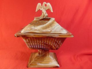 Chocolate/carmel Slag Compote,  With Eagle Finial On Cover,  By Imperial Glass.