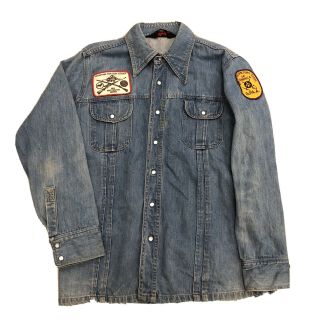 Vintage Chambray Work Shirt Denim Pearl Snap Western Hunting Jacket Large Patch