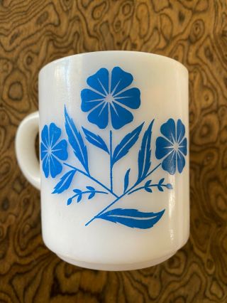 Vintage Hazel Atlas Blue Cornflower Milk Glass Coffee Mug Tea Cup 1950s