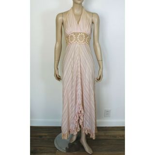 Vintage 70s Pale Pink Halter Maxi Dress Cotton Crocheted Lace Boho Hippy Sz S