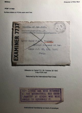 1943 Leicester England Censored Cover To Pow British Prisoner Of War Camp Italy