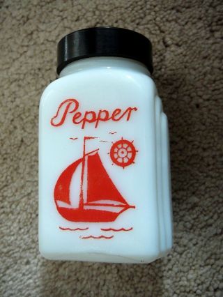 Mckee Vintage White Milk Glass & Red Sailboat Single Pepper Shaker Black Cap Vg