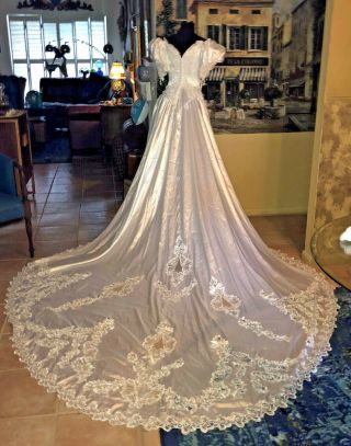 Ted Lapidus Paris Vintage 80s White Satin Bridal Gown Beaded Long Train 12 Tlc