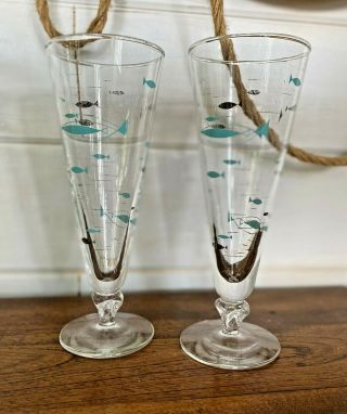 Pair (2) Vintage Mcm Libbey Atomic Fish Turquoise & Silver Pilsner Glasses