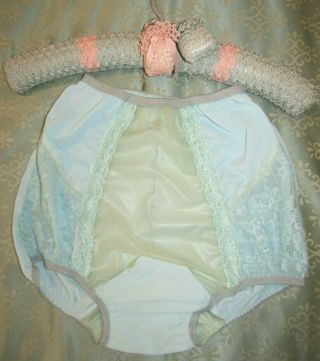 Vintage Blue Sanitary Nylon Lace Granny Latex Gusset Panties Sz 7 Front Panel
