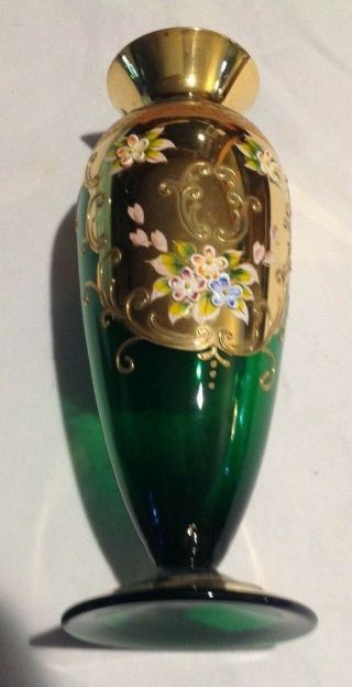 Vtg Seyei Victorian Glass Emerald Green & Gold Vase Enameled Flowers 7 1/2 " Tall
