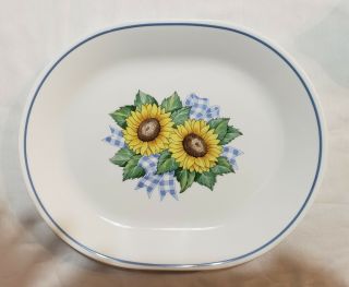 Vintage Corelle Sunsations 12 " Oval Serving Platter Yellow Sunflowers Plaid Blue