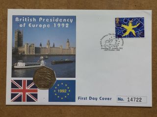 1992 British Presidency Of Europe 50p Coin Cover Downing St First Day Postmark