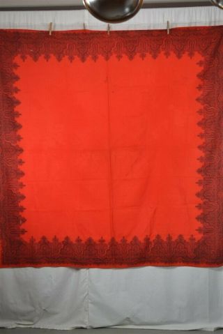 Antique Shawl Red Wool Print Paisley Borders Civil War Era Unusual 62 X 62 In.
