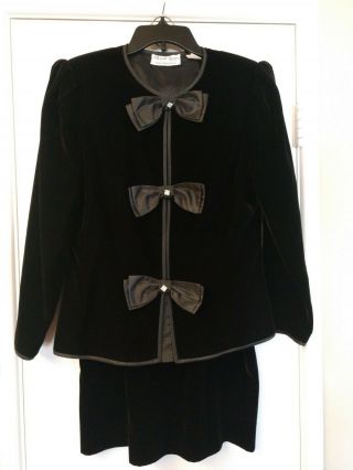 Vintage Albert Nipon 2 Pc Suit Skirt Jacket Black Velvet Bows Rhinestones Size 8