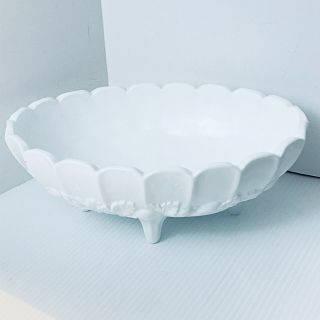 Vintage Indiana Milk Glass Footed Fruit Bowl Large Oval Raised Fruit Design
