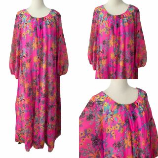 Vintage 60s 70s Psychedelic Neon Pink Floral Maxi Dress Sheer Hot Pink