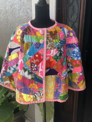 Vintage Handmade Patchwork Cropped Kimono Coat Jacket Vivid Bold 60s
