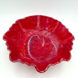 Vintage Imperial Glass Red And White Slag Fluted Ruffled Bowl Rose Pattern 9 In