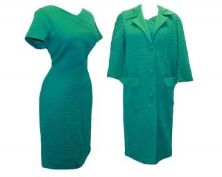 Vintage 60s Kelly Green Wool Knit Body Con Curvy Pinup Dress Jacket Coat Set M L