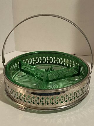 Vintage Green Depression Glass Divided Candy/relish Dish Silver Handled Caddy