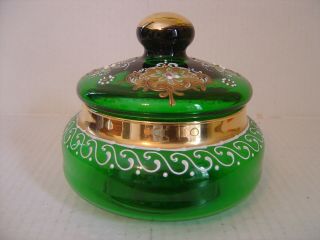 Bohemian Art Raised Hand Painted Floral On Green Glass Candy Dish With Lid Czech