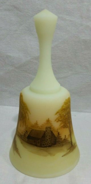 Fenton Art Glass Hand Painted Log Cabin Custard 7 " Bell