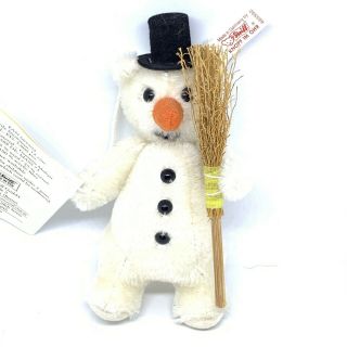 Steif Little Snowman With Straw Broom Mohair Bear 5 1/2 Inches