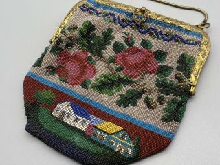 Antique Victorian Made In France Rose Beaded Pouch Bag Purse Push Latch Gilded