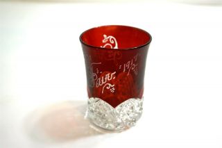 Antique 1917 Lancaster Fair Ruby Red Flash Etched 4 " Glass Cup Pa Souvenir