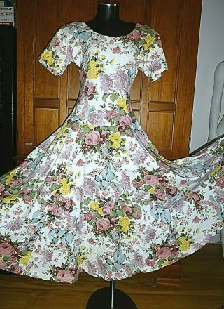 Vtg 80s 90s Karen Kane Jersey Cotton Floral Boho Chic Full Skirt Midi Dress