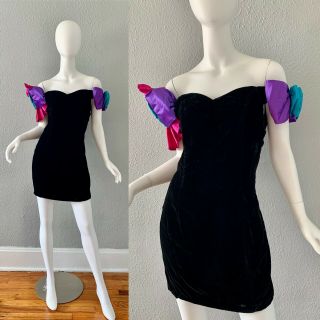 Vintage 80s Black Velvet Off Shoulder Wiggle Party Prom Mini Dress S