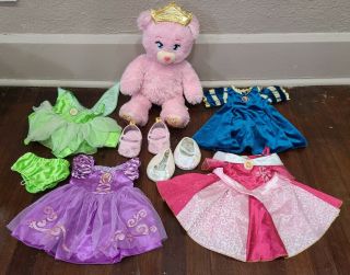 Build A Bear Disney Princess Pink Sparkle Bear Plush With Outfits Light Up Crown