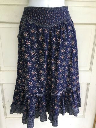 Vintage 70s Jessica’s Gunne Sax Calico Navy Blue Floral Prairie Midi Skirt,  7