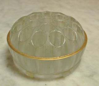 Vintage Clear Frosted Ribbed Glass Gold Rim 19 Holes Floral Frog