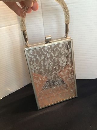 Vintage ‘50’s Purse Metal Frame Lucite Handle Kiss Lock Triangle Shaped Sparkly 2