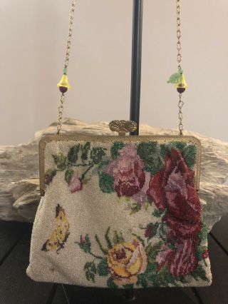Antique Micro Beaded Floral Rose Butterfly Handbag Purse Brass Hardware
