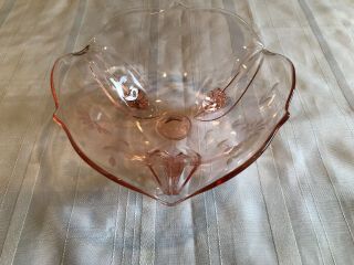 Vintage Lancaster Jubilee Scalloped Pink Etched Depression Glass 3 Footed Bowl