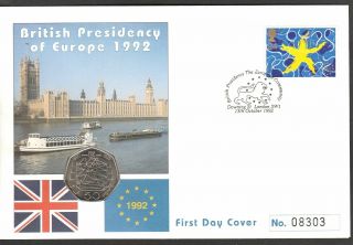 1992 British Presidency Of Europe 50p Coin Cover Downing St First Day Postmark