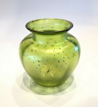 Antique Bohemian Loetz Green Art Glass Vase W Gold Leafy Decoration 3 "