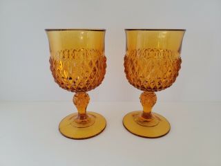 Vintage Indiana Glass Amber Diamond Point Goblets Set Of 2