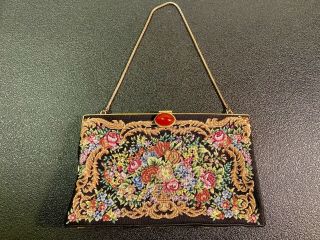 Antique Petit Point Handbag Black Floral Flowers Bag Chain