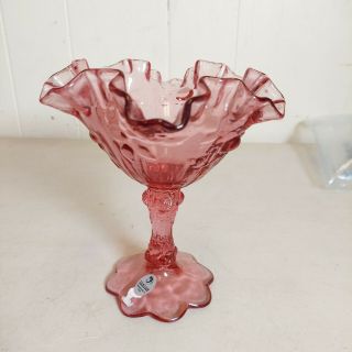 Vintage Fenton Pink Cranberry Art Glass Ruffled Pedestal Compote Candy Dish