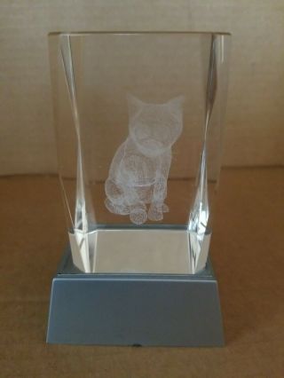 Laser Etched 3d Crystal Paperweight Sitting Cat 3x2x2 With 4 Color Light Up Base
