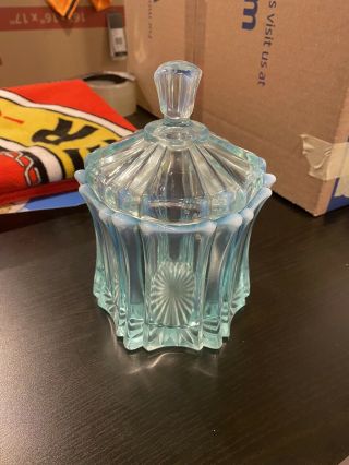 Vintage Fenton Aqua Blue Green Glass Candy Jar With Lid.  Hand Blown 6 1/2 "